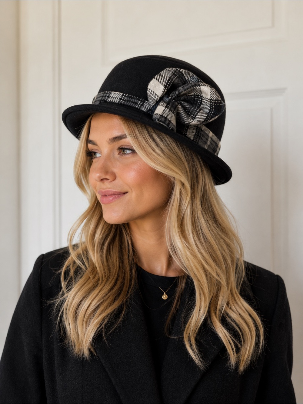 August Hats Black Cloche Hat with Black-and-White Plaid Bow